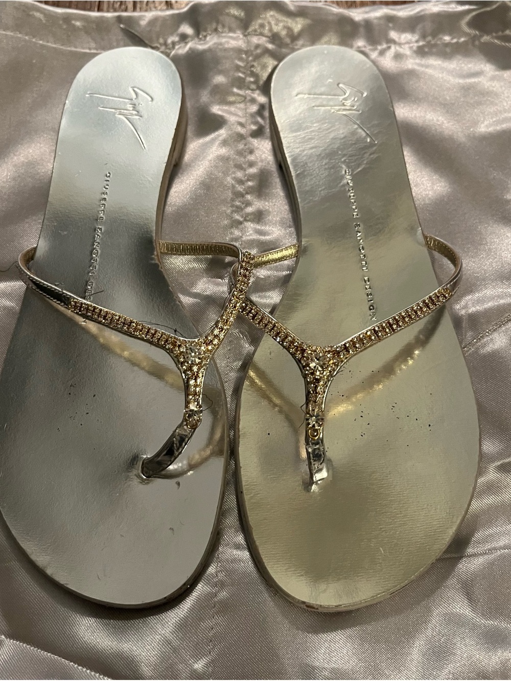 Giuseppe Zanotti Gold Crystal T-Strap Flat Sandals